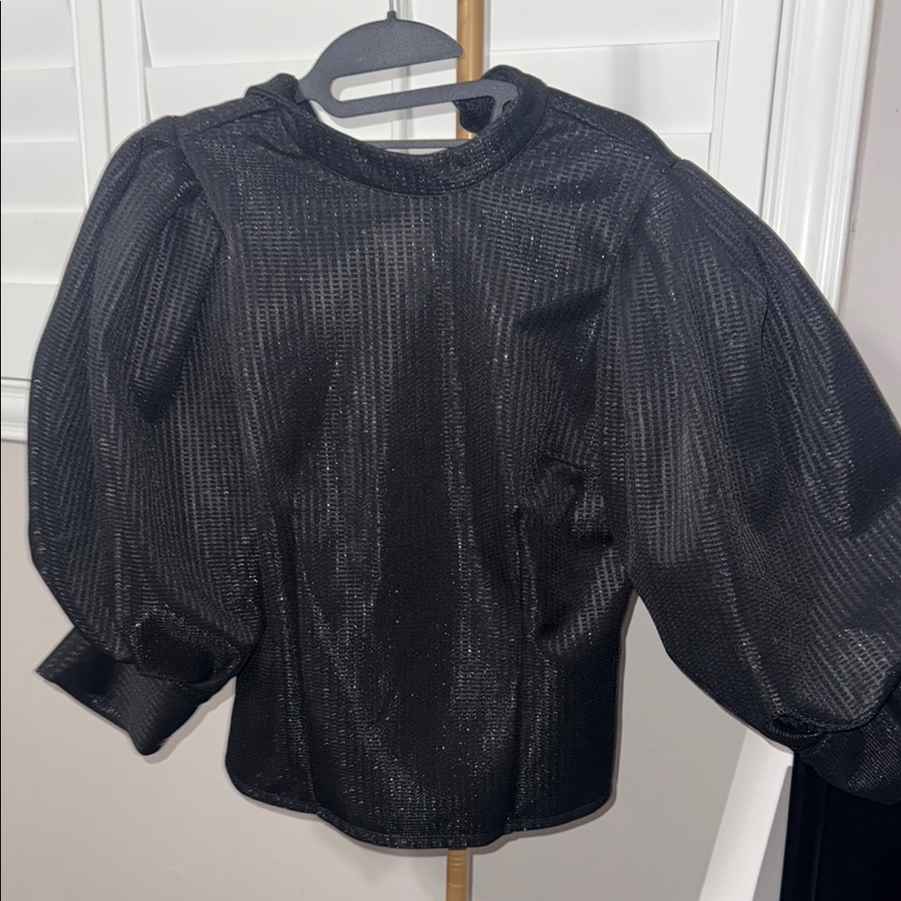 Black Ribbed Oversized Puff Sleeve Blouse